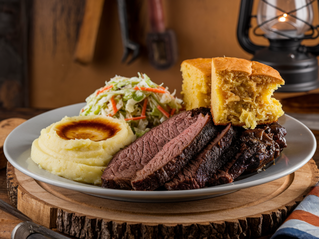  A plate of beef brisket served with mashed potatoes, coleslaw, and cornbread.