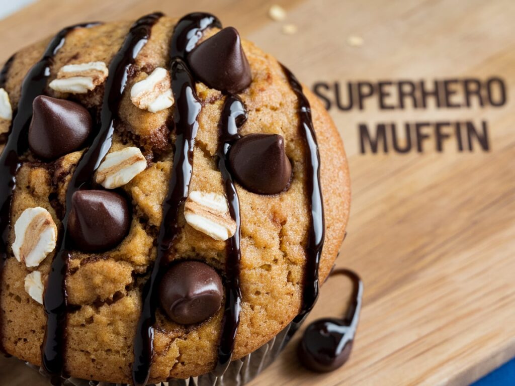 A close-up of a superhero muffin with melted dark chocolate chips and oat sprinkles, highlighting its rich and indulgent texture.