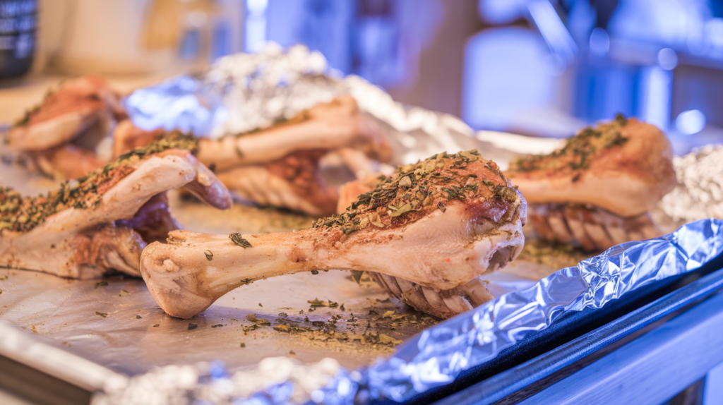 Raw chicken bones on a baking sheet before roasting for bone broth.