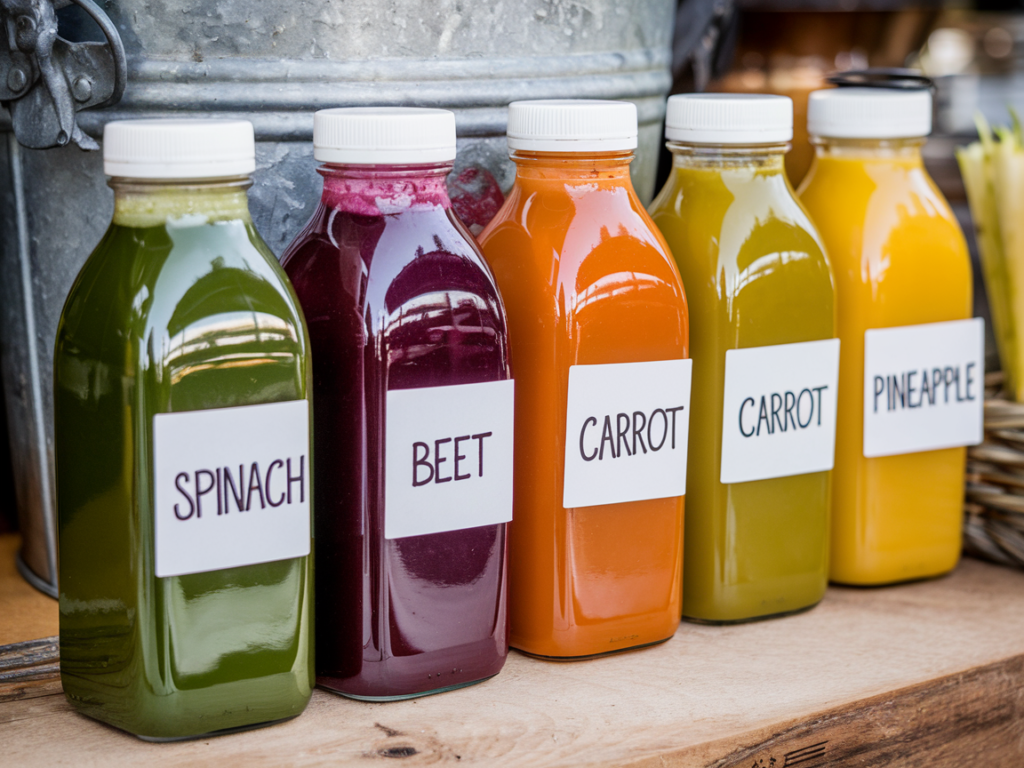 Bottles of colorful juices with ingredients like spinach, beet, carrot, and pineapple on display.