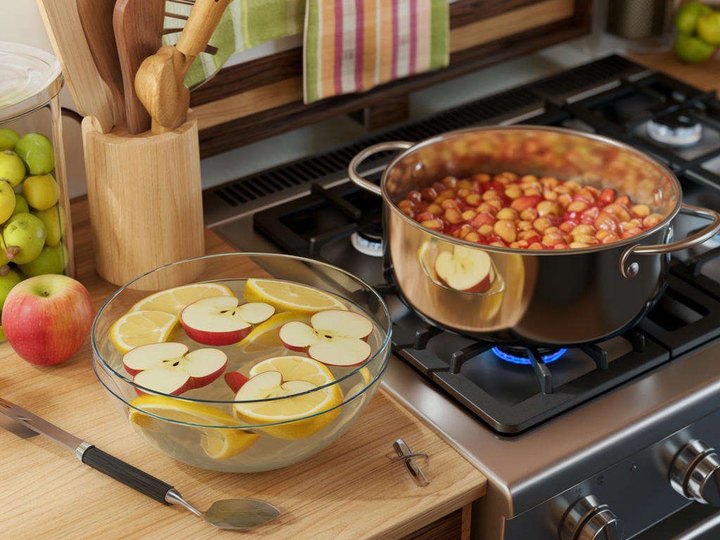 A pot of thickened apple pie filling bubbling on the stove, with a wooden spoon stirring the mixture.