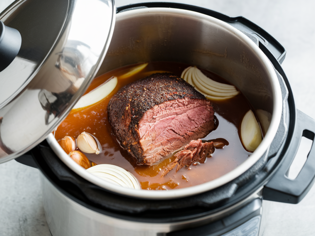 Beef brisket in a pressure cooker surrounded by a rich sauce with garlic and onion slices.
