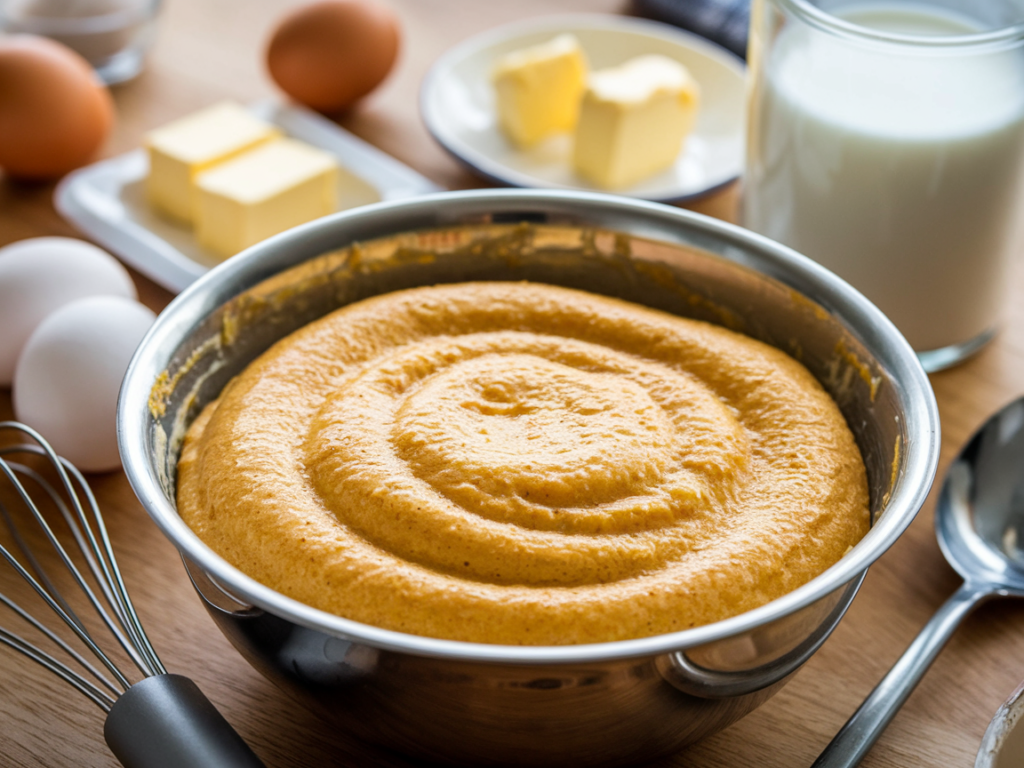 Cornbread batter in a bowl surrounded by fresh ingredients like milk, eggs, and butter.