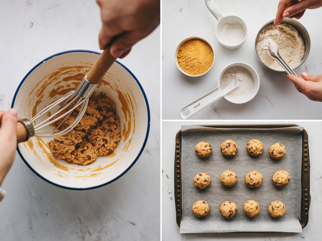  A step-by-step image of cornbread cookie preparation, including dough in a bowl, cornmeal and flour, and cookie dough balls on a tray.