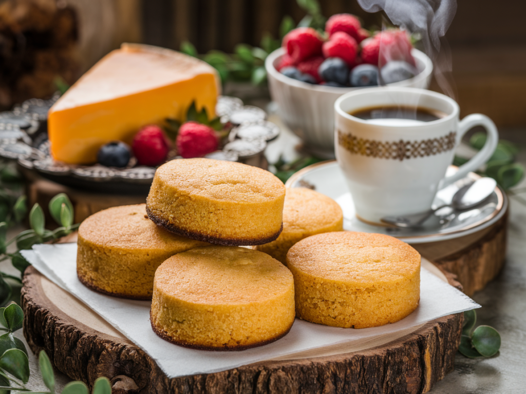 A platter of cornbread cookies with a cup of coffee, fresh berries, and cheddar cheese, showcasing pairing options.