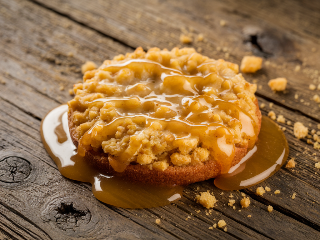 A golden Cornbread Crumbl Cookie with honey butter glaze on a rustic wooden table.