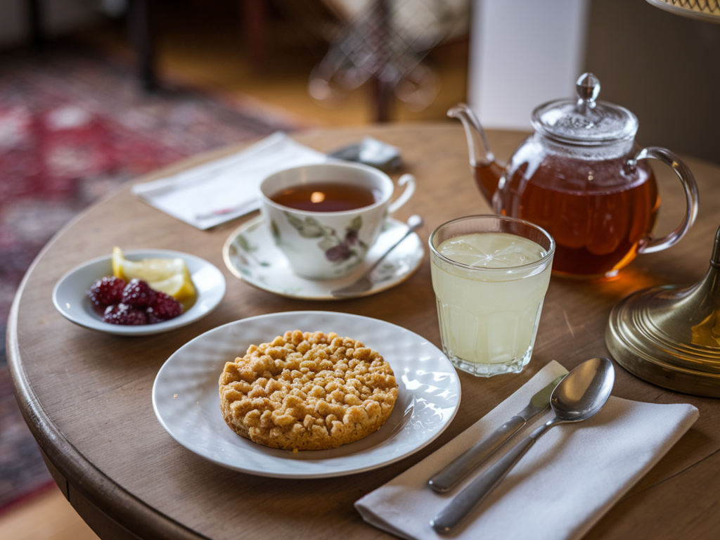 A Cornbread Crumbl Cookie served with tea, lemonade, and fruit preserves.