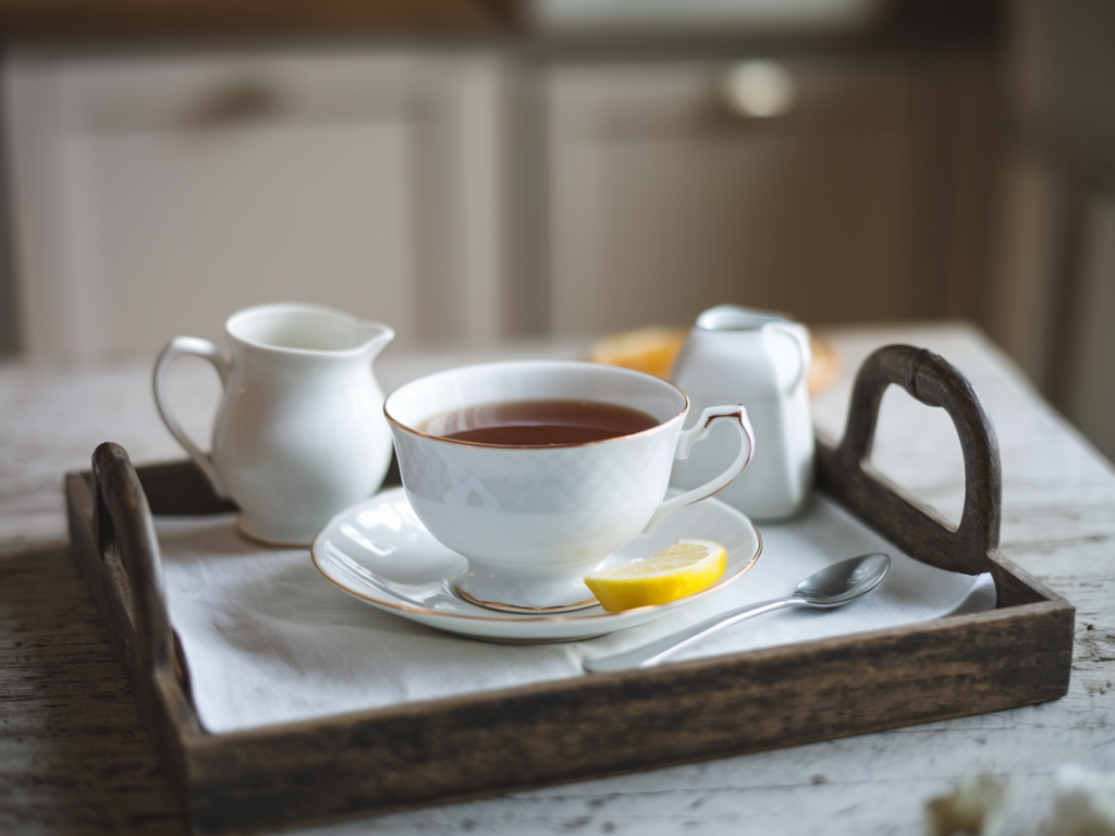 A cup of Earl Grey tea with milk on a wooden tray, surrounded by lemon and rustic decor.