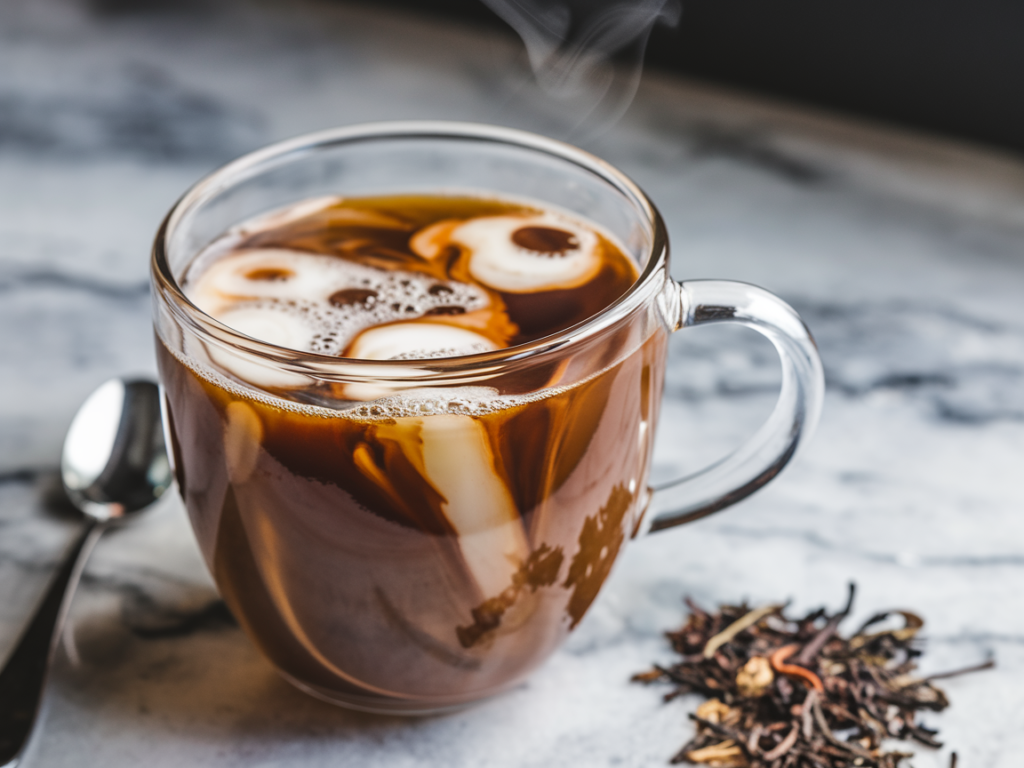 A glass mug of Earl Grey tea with milk, displaying creamy swirls and steam."
Title: "Creamy Earl Grey Tea with Milk