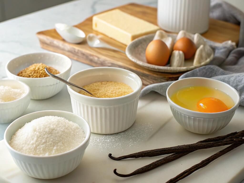 Crème brûlée ingredients, including heavy cream, vanilla pods, sugar, and egg yolks, arranged on a kitchen counter.