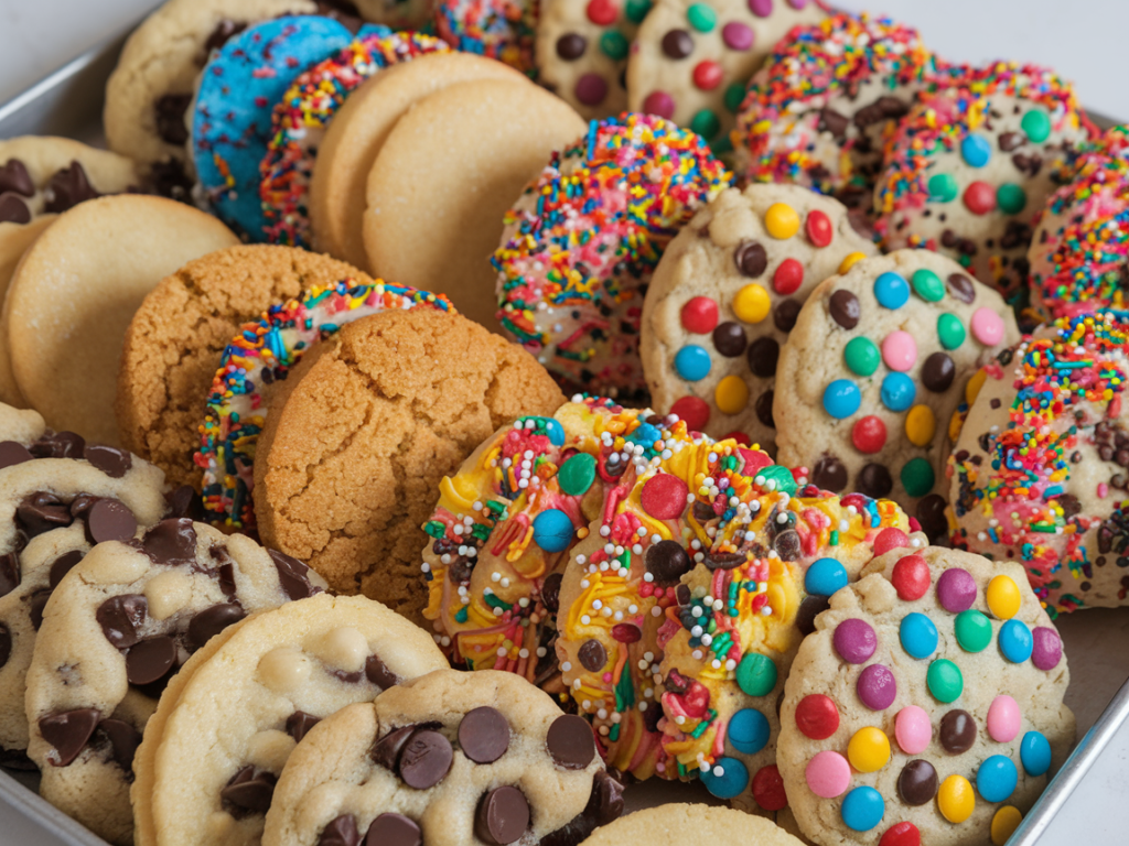 A tray of assorted Crumbl cookies with colorful frostings, featuring the Cornbread Cookie.