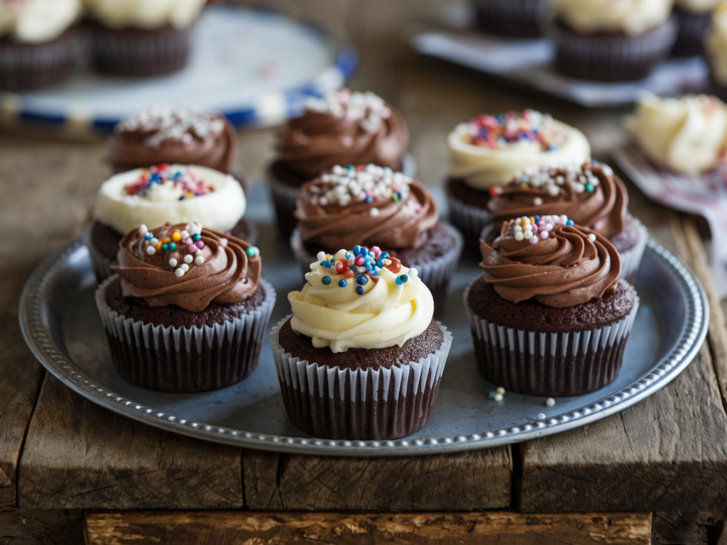 Chocolate cupcakes with cream cheese filling and frosting on a wooden table.