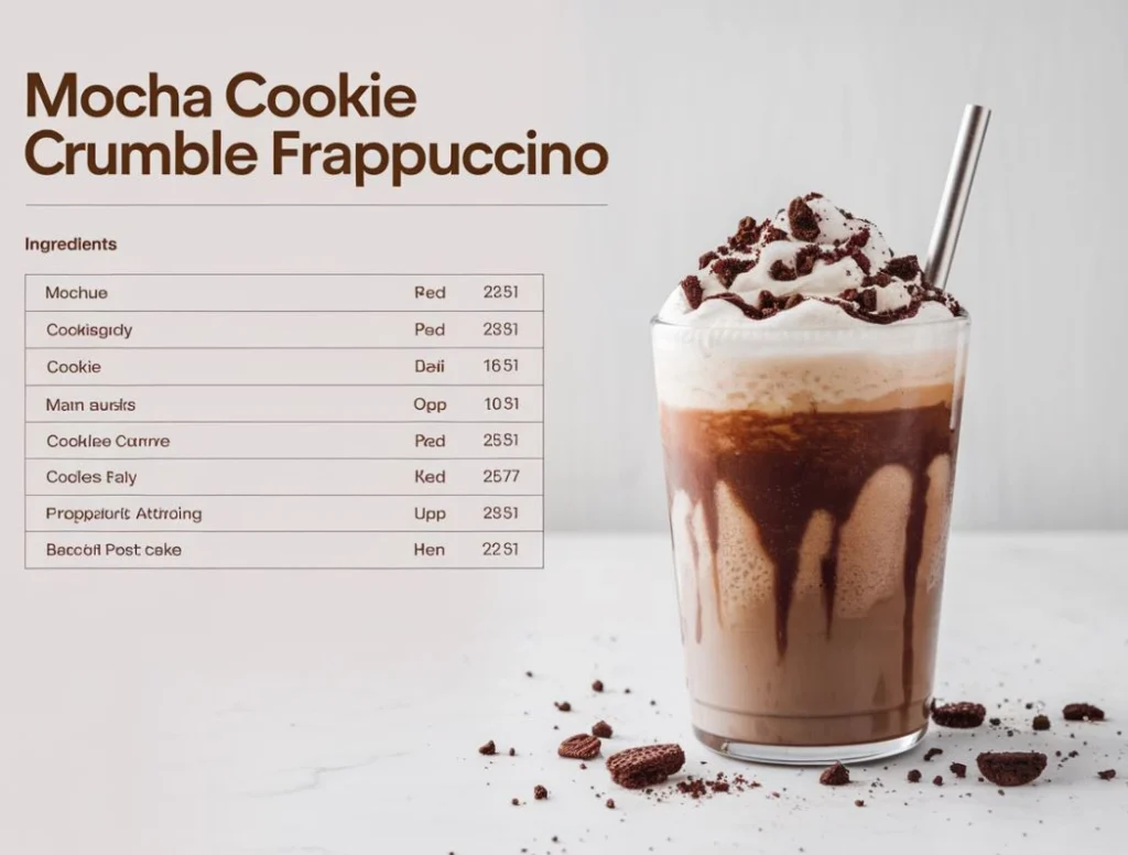 A nutritional chart alongside a mocha cookie crumble frappuccino on a white background.
