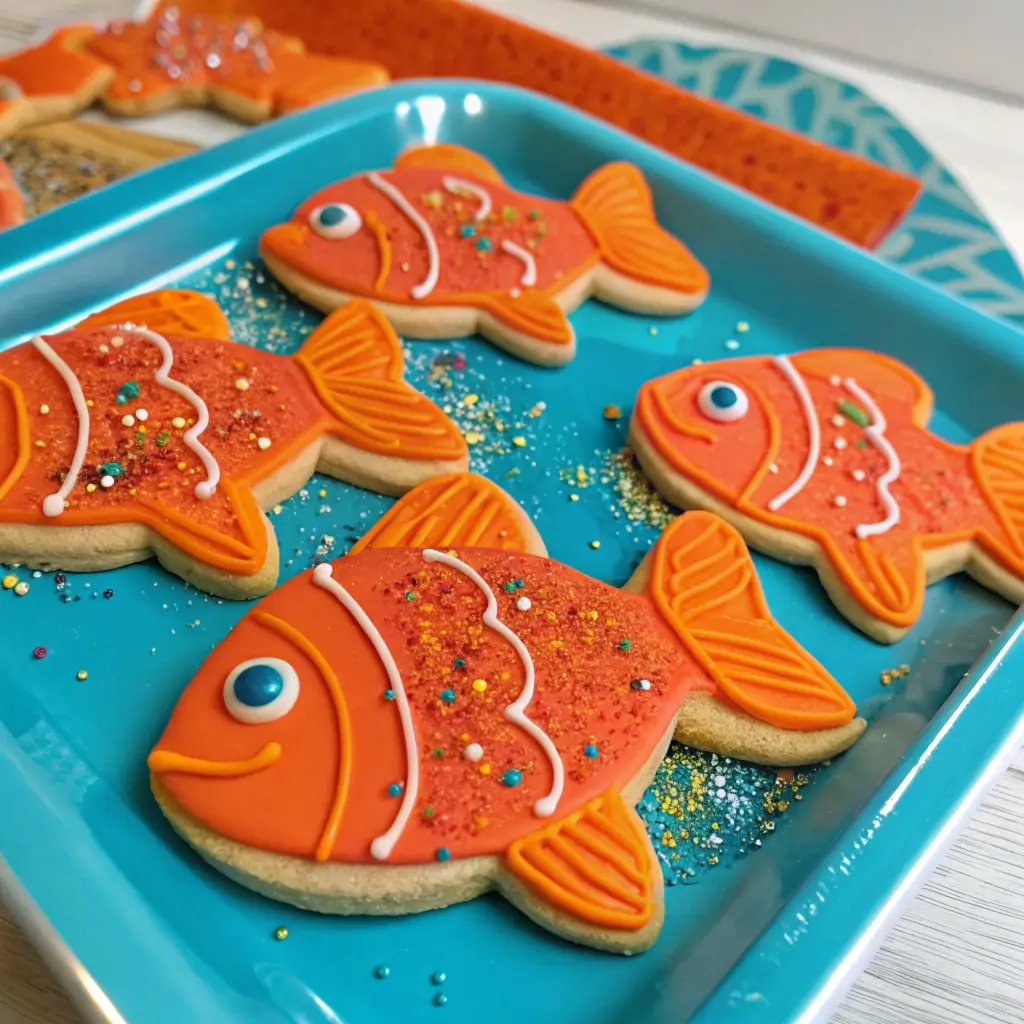 Orange fish-shaped cookies with colorful icing and edible glitter on a blue tray.