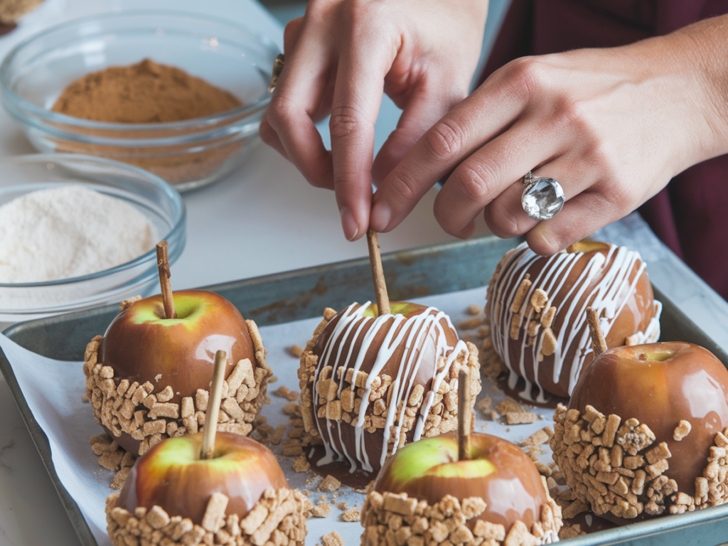 Smooth caramel melting in a saucepan, ready to coat fresh apples.