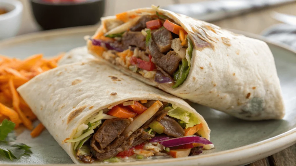 A cross-section of a Moo Shu Beef wrap showing the tender beef and colorful vegetables.