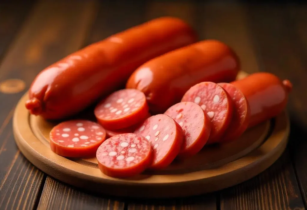 A selection of Polish kielbasa varieties, including smoked, fresh, white, and kabanos, on a wooden platter with herbs and a Polish flag.