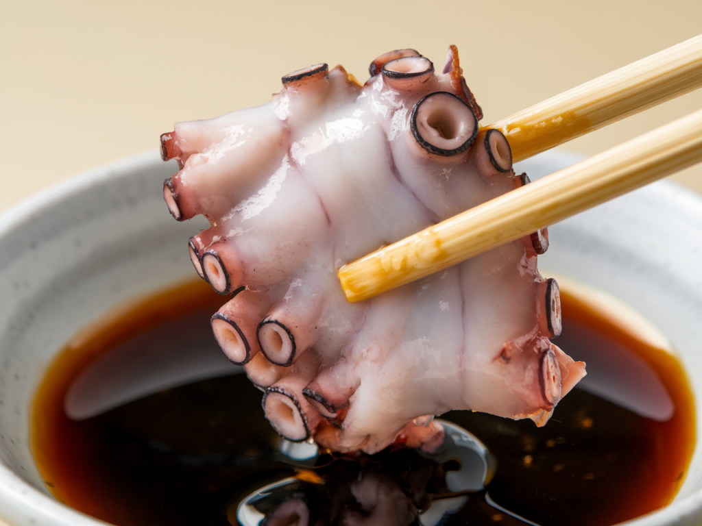 Close-up of octopus sashimi dipped into soy sauce with chopsticks.