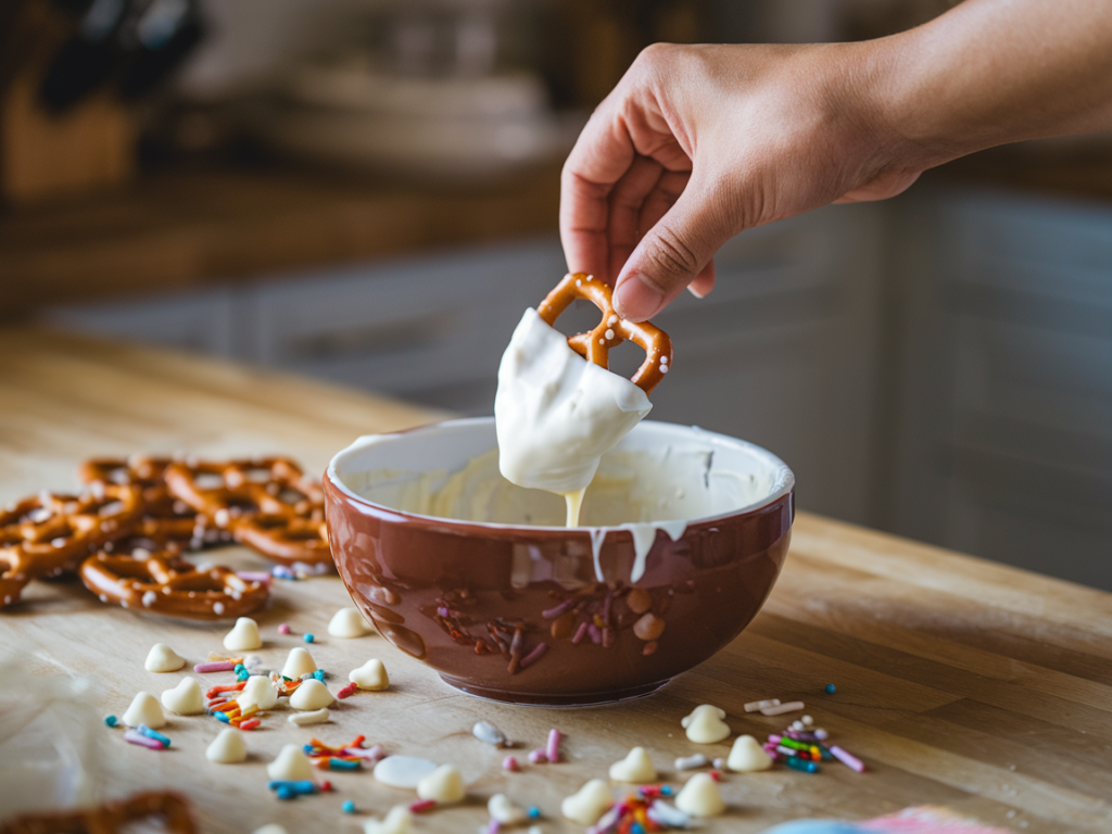 A close-up of a hand dipping a pretzel into melted white chocolate, with ingredients in the background.