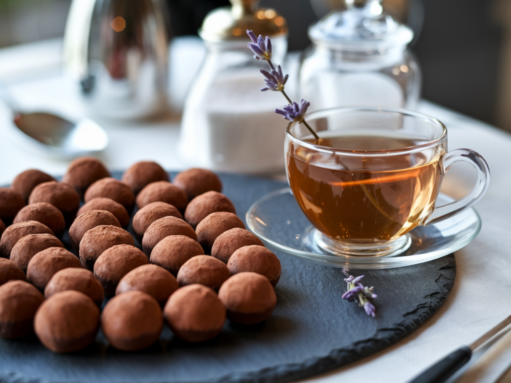 Afternoon tea setting with a tiered tray of chocolate pastries and Earl Grey tea.