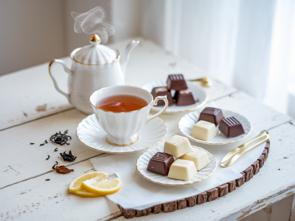 Gift hamper with tea and chocolates.