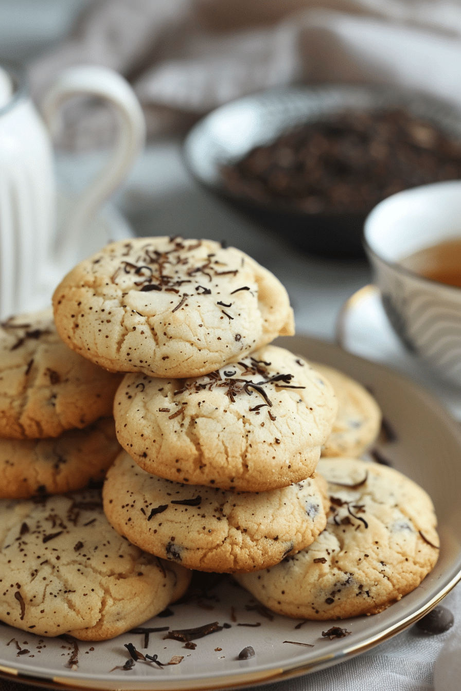 Soft Earl Grey Milk Tea Cookies in a ceramic bowl on rustic table
