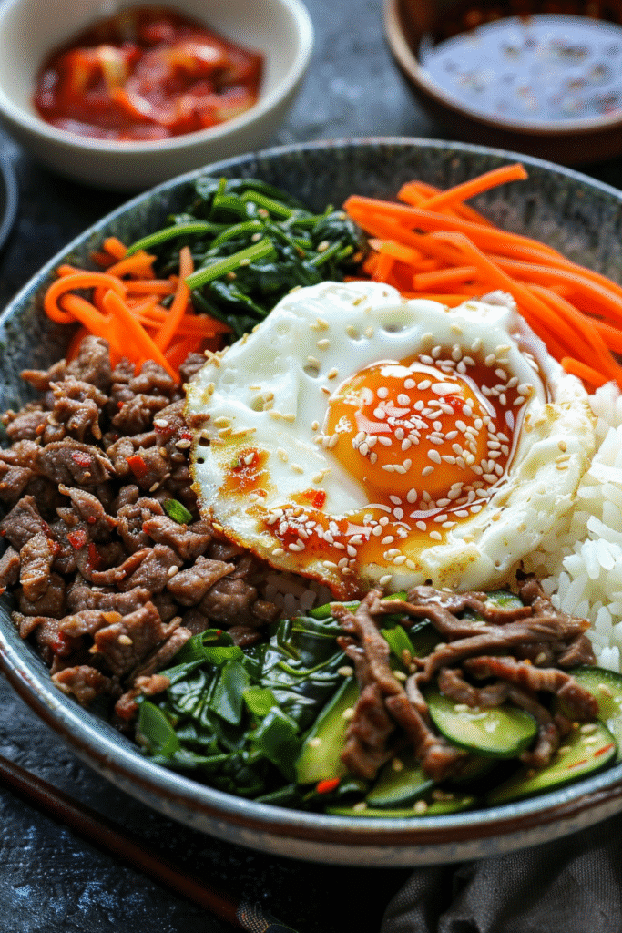 Korean bulgogi bibimbap bowl with beef, vegetables, and rice, served fresh in a rustic bowl