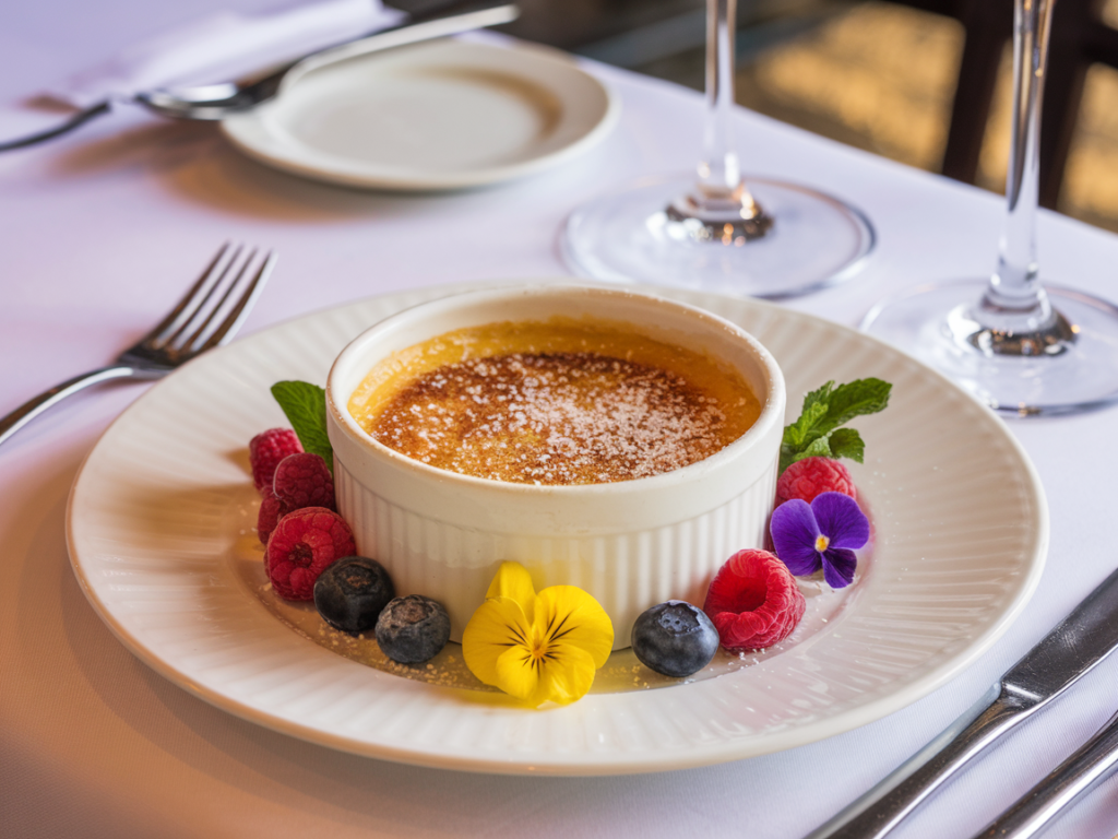  Crème brûlée served in elegant ramekins, garnished with fresh berries and edible flowers on a fine dining table.