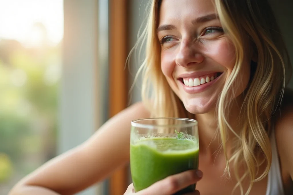 A woman enjoying a glass of fresh green juice by a sunny window.