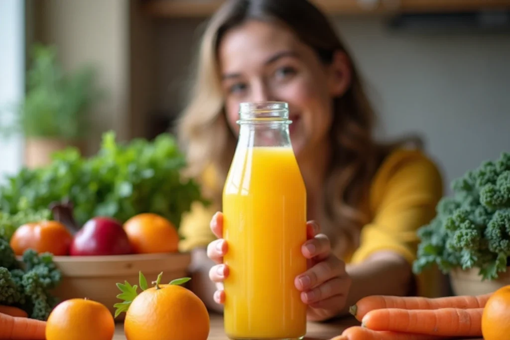 A smiling person holding a bottle of fresh juice, surrounded by an assortment of colorful fruits and vegetables