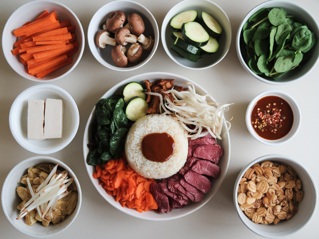 Fresh ingredients for making bibimbap, including carrots, spinach, bean sprouts, and gochujang.