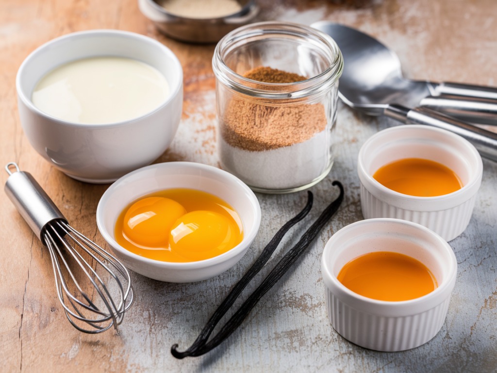 Flat lay of crème brûlée ingredients: heavy cream, egg yolks, sugar, and vanilla bean on a wooden surface.