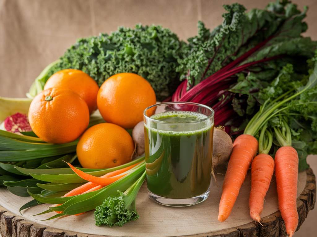 Fresh fruits and vegetables arranged beside a glass of green juice, highlighting the essentials for juice fasting.