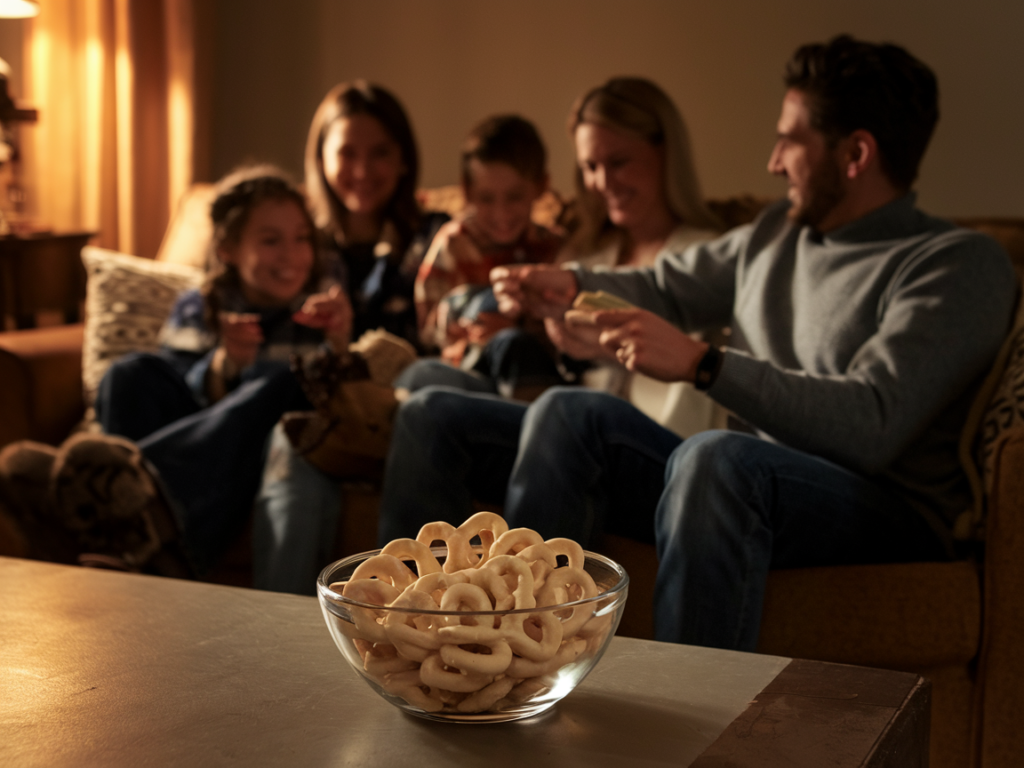 A family gathered on a couch, enjoying a bowl of white chocolate pretzels in a warm and cozy setting.