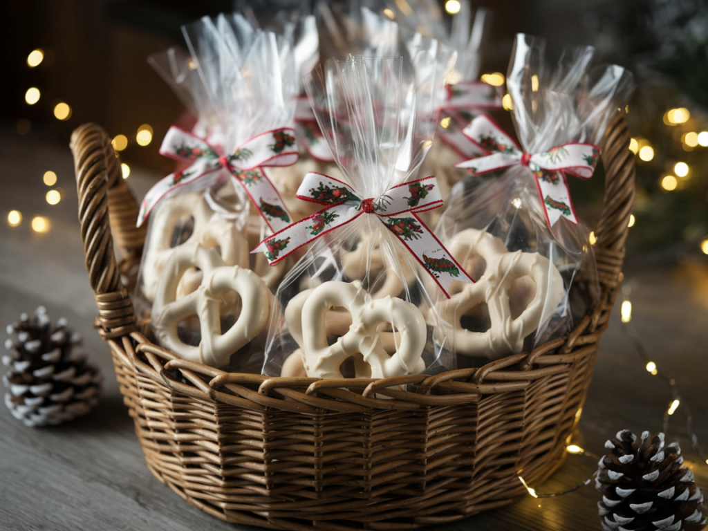 White chocolate pretzels packaged in clear bags with holiday ribbons, arranged in a festive wicker basket.