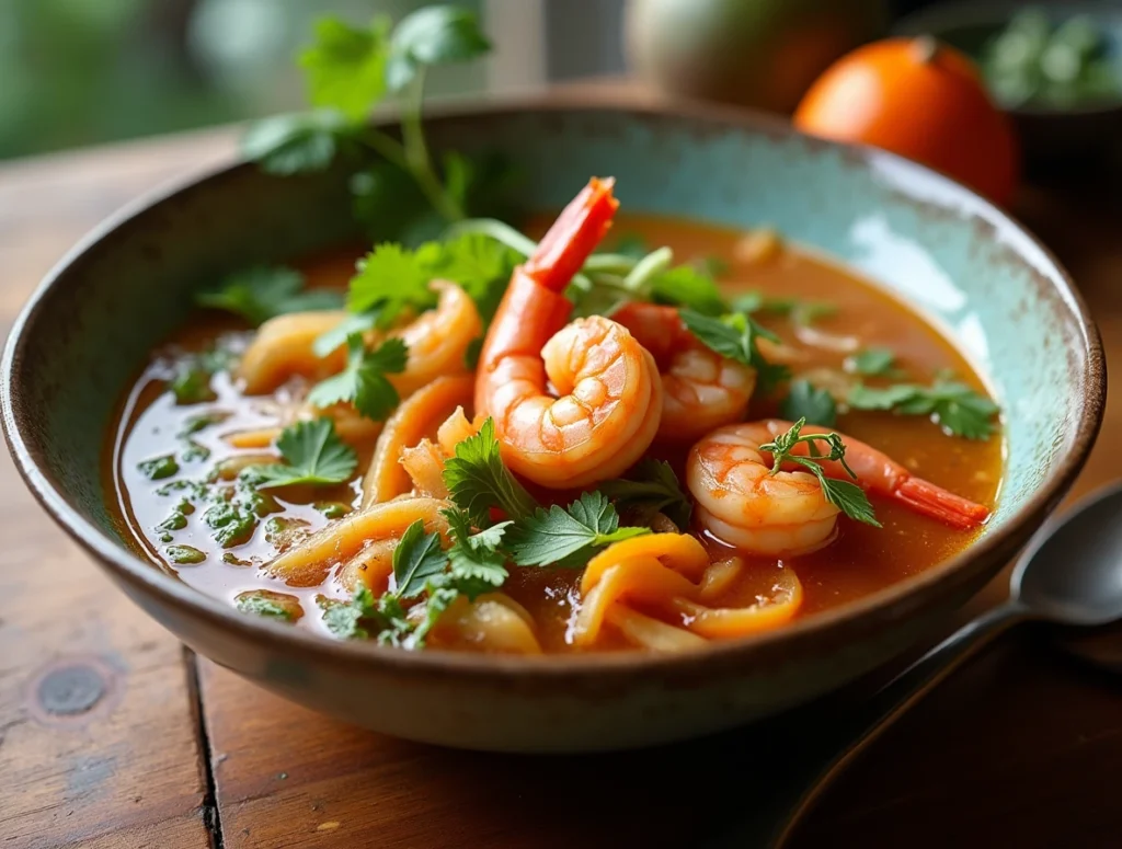 A plated bowl of shrimp sinigang with vibrant vegetables and tamarind broth.