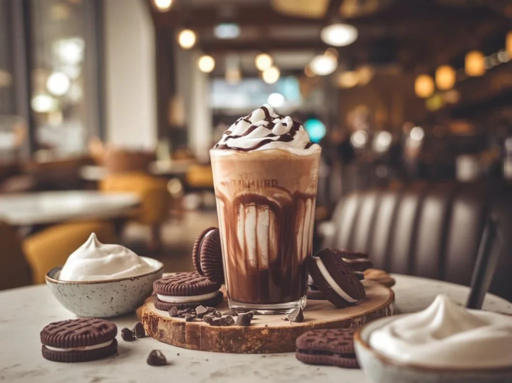  A perfectly styled mocha cookie crumble frappuccino in a cozy café setting