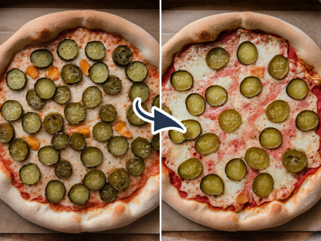 Side-by-side comparison of soggy and crispy crust pickle pie pizzas with tips for improvement.