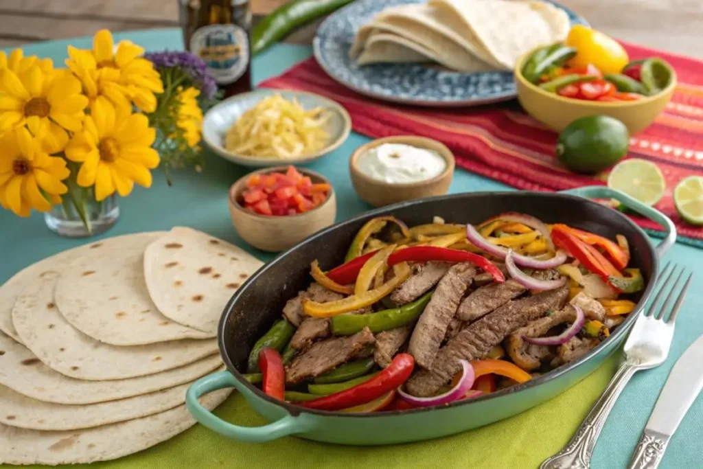 Flank steak fajitas with peppers and onions.