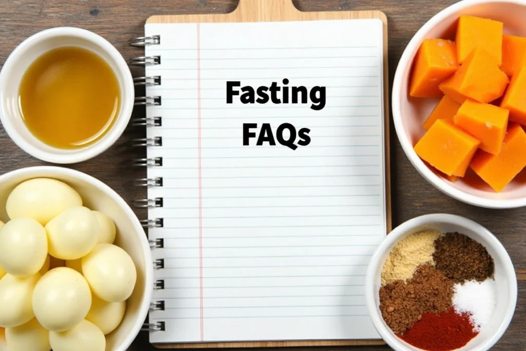 Notebook titled Fasting FAQs with potatoes, spices, and oils for fasting recipes.