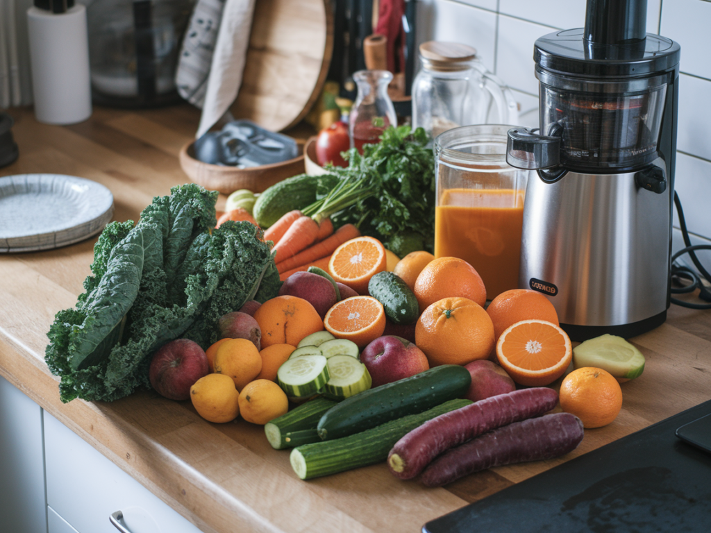 A variety of fresh fruits and vegetables ready for juicing, including kale, oranges, cucumbers, and carrots.