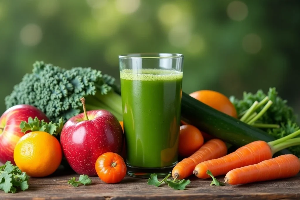 Fresh fruits and vegetables with a glass of green juice on a rustic wooden table.