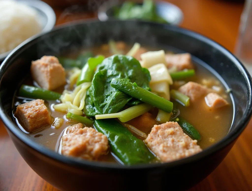 Fresh ingredients for sinigang, including vegetables and tamarind pods, on a rustic kitchen counter.