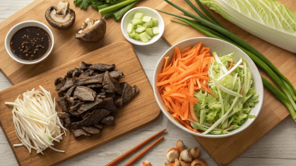 Fresh ingredients for Moo Shu Beef: cabbage, carrots, scallions, and wood ear mushrooms.