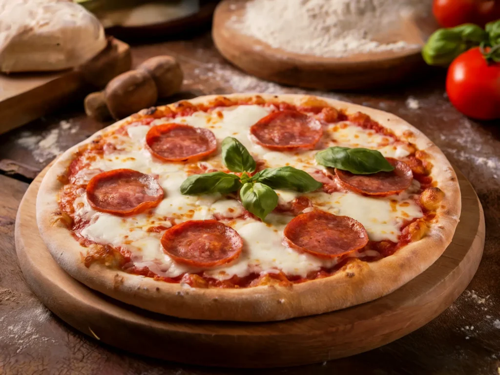 A freshly baked 10-inch pizza with pepperoni, mozzarella, and basil on a wooden board.