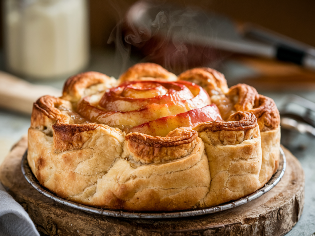 Close-up of a cinnamon roll apple pie with golden crust and apple filling.