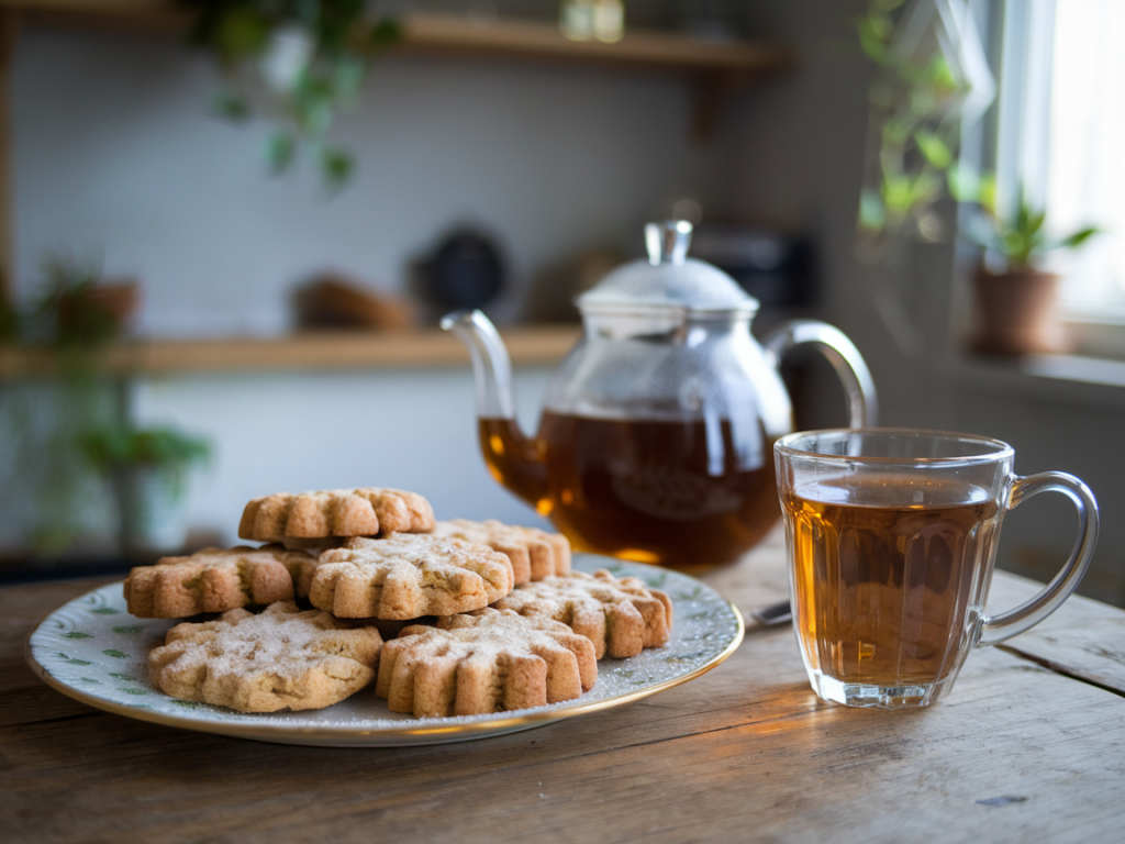 A plate of golden brown Earl Grey cookies with a teapot and a cup of tea.