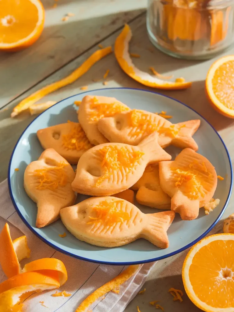 A plate of orange fish-shaped cookies garnished with orange zest on a wooden table.