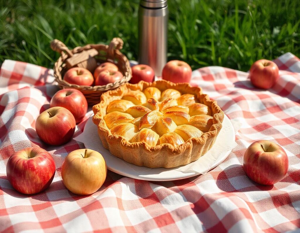 A puff pastry apple pie surrounded by apples and spices.