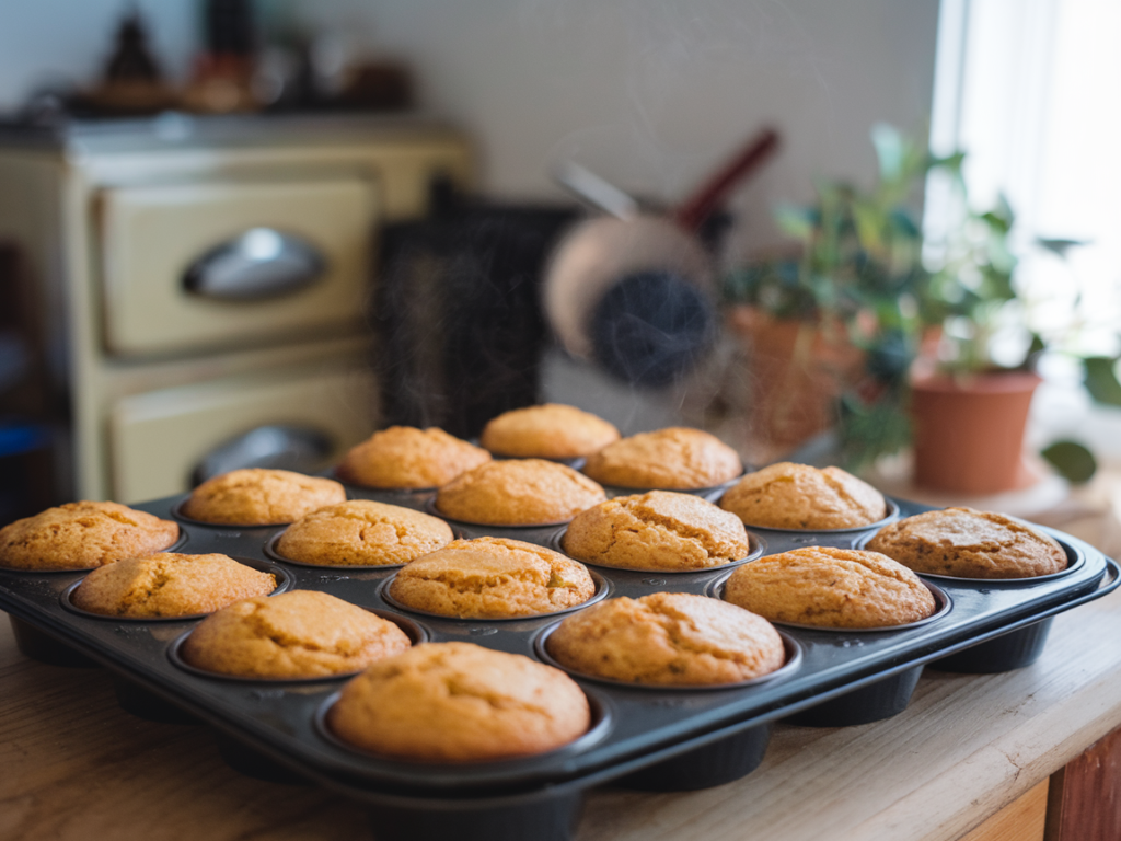 : Freshly baked superhero muffins surrounded by wholesome ingredients like oats, bananas, and nuts on a wooden table.